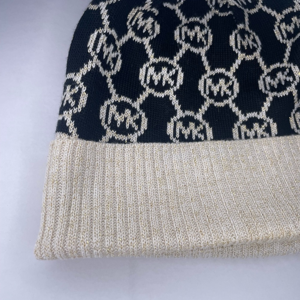 Michael Kors Circle MK Monogram Logo Knit Black Gold Beanie Hat NWOT - Picture 2 of 5